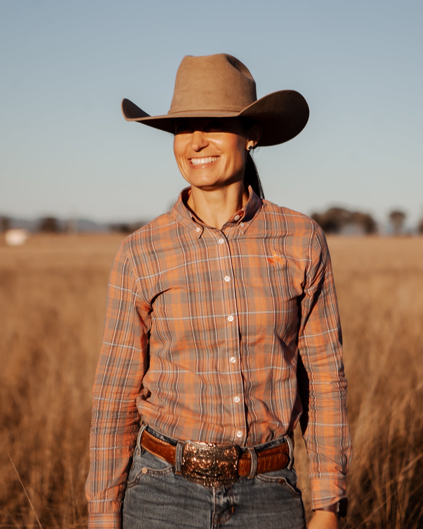 Ladies Long Sleeve Rust Plaid Shirt