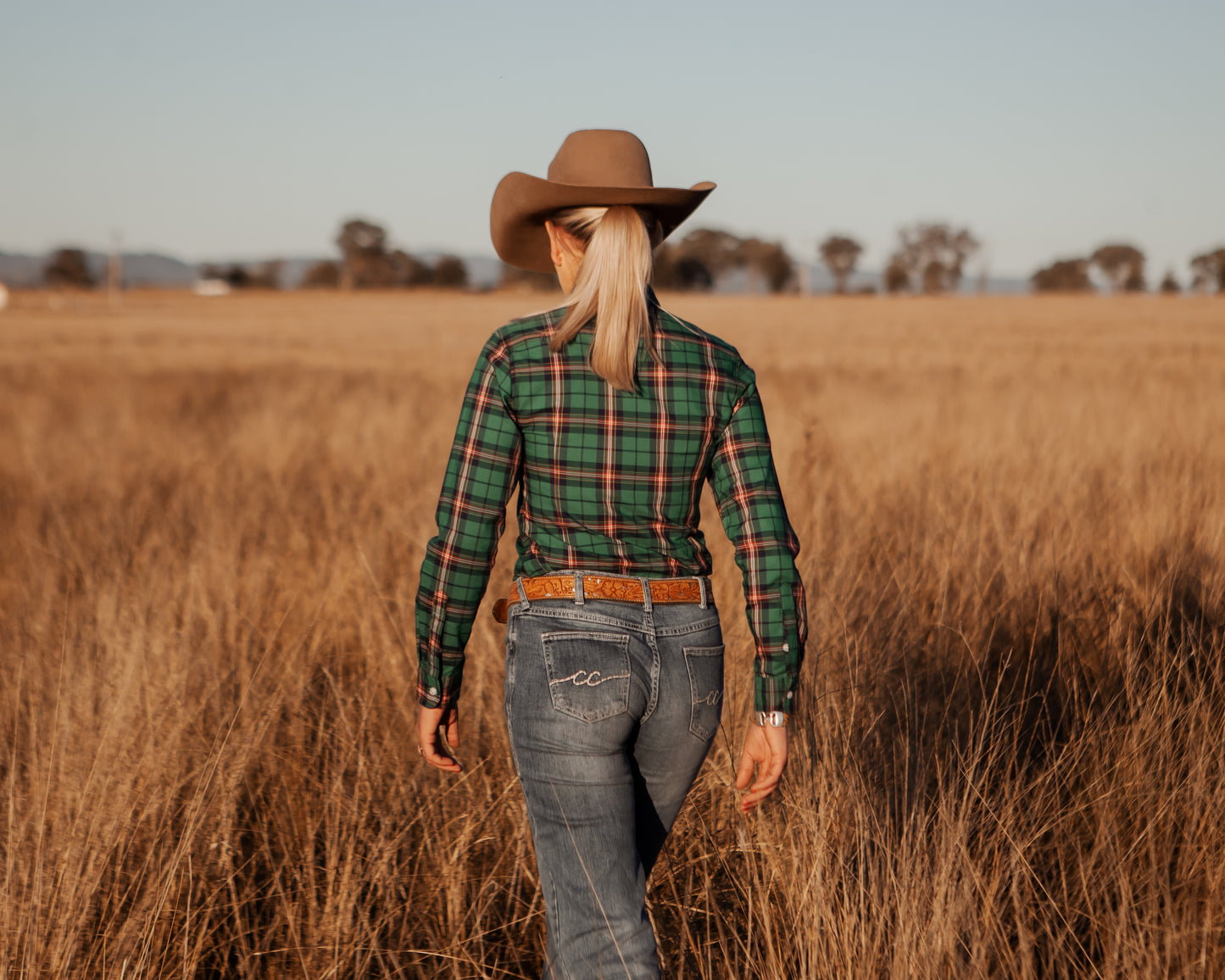 Ladies Long Sleeve Green Plaid Shirt