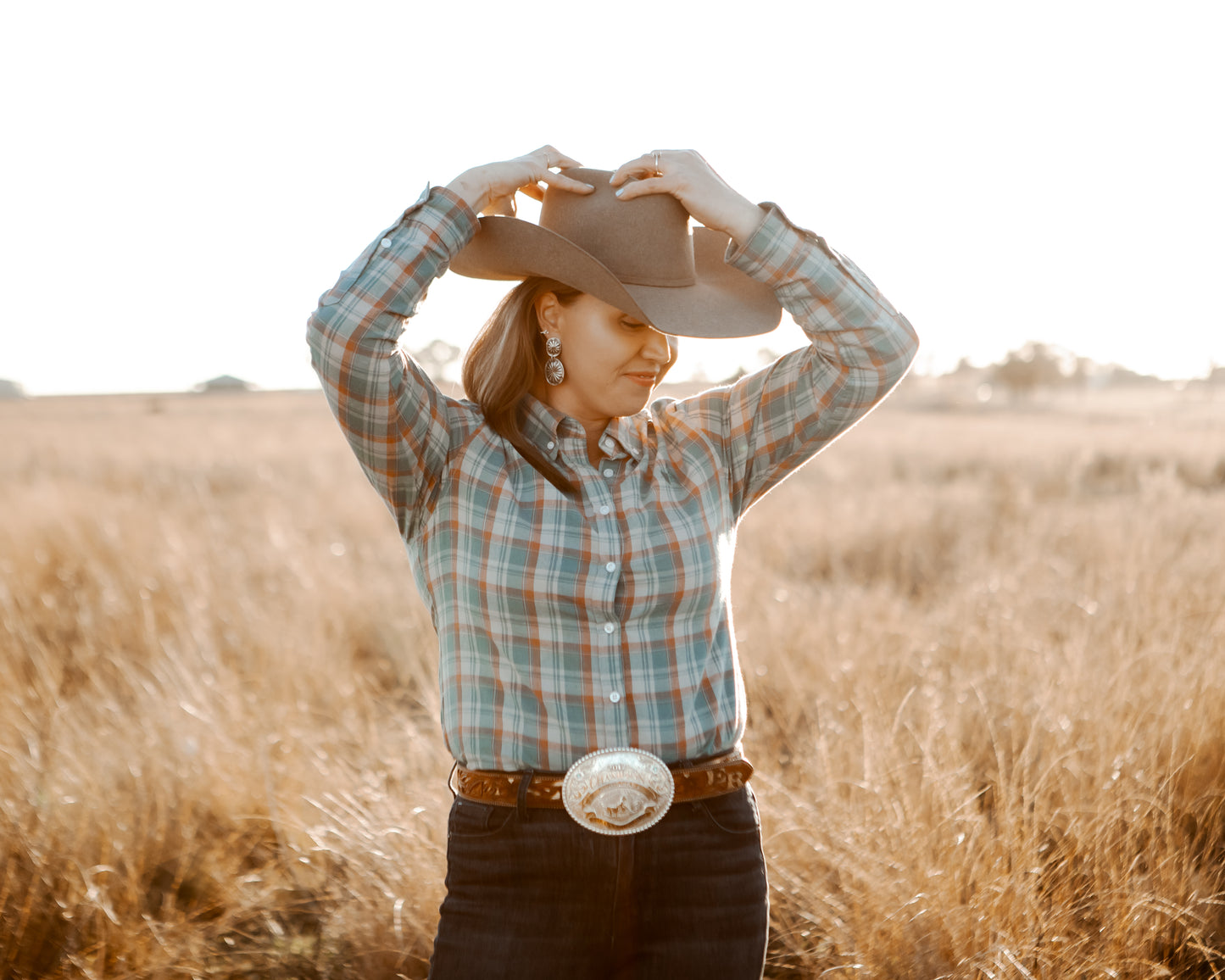 Ladies Long Sleeve Teal Plaid Shirt