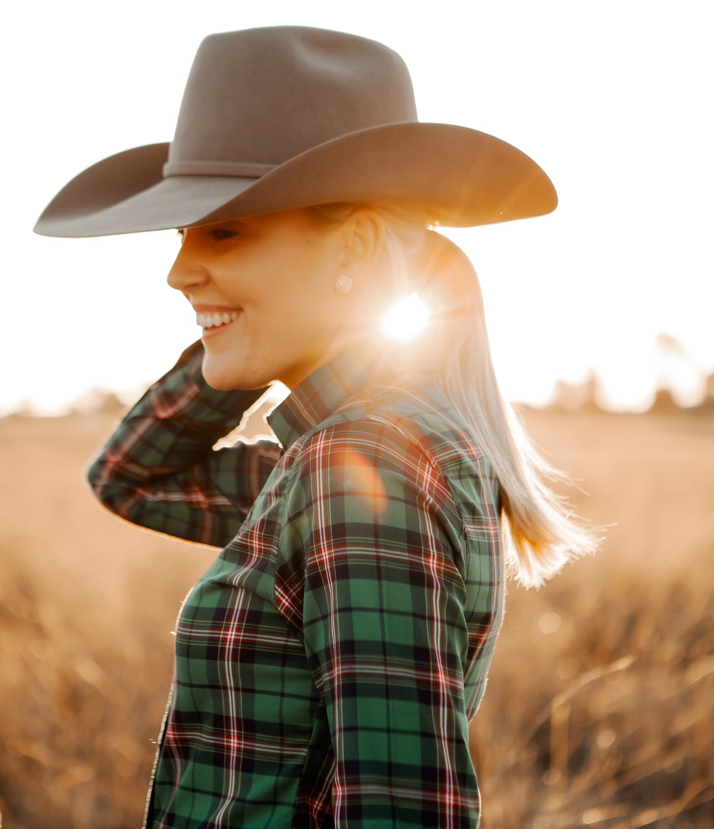 Ladies Long Sleeve Green Plaid Shirt
