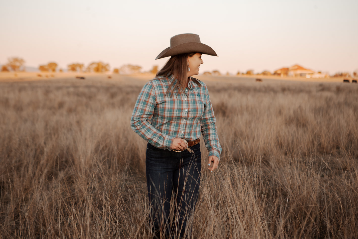 Ladies Long Sleeve Teal Plaid Shirt