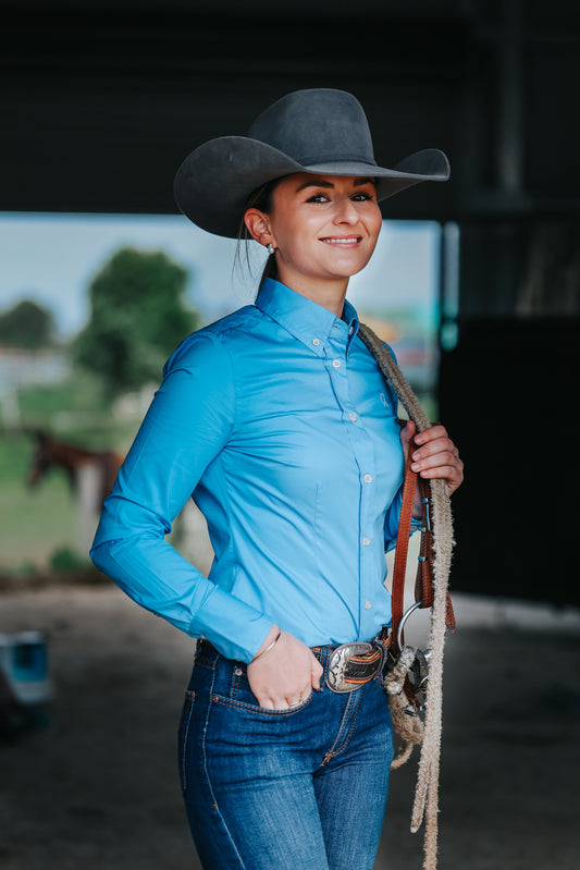 CLEARANCE - Ladies Slim Fit Long Sleeve Shirt - Cornflower Blue