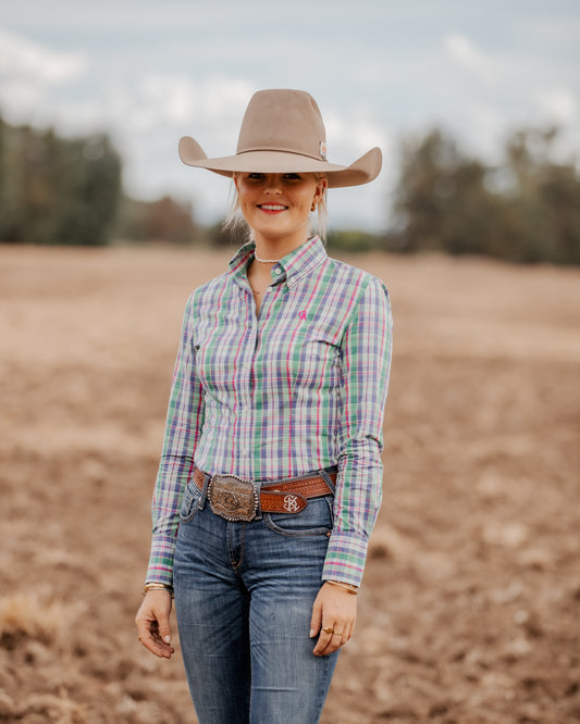 CLEARANCE - Ladies Slim Fit Long Sleeve Shirt - Green/Pink Plaid