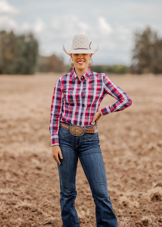 CLEARANCE - Ladies Slim Fit Long Sleeve Shirt - Navy/Red/White Plaid