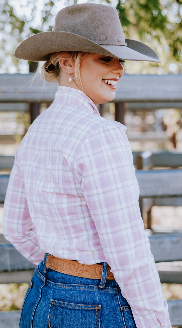 CLEARANCE - Ladies Pink Plaid Bow Shirt