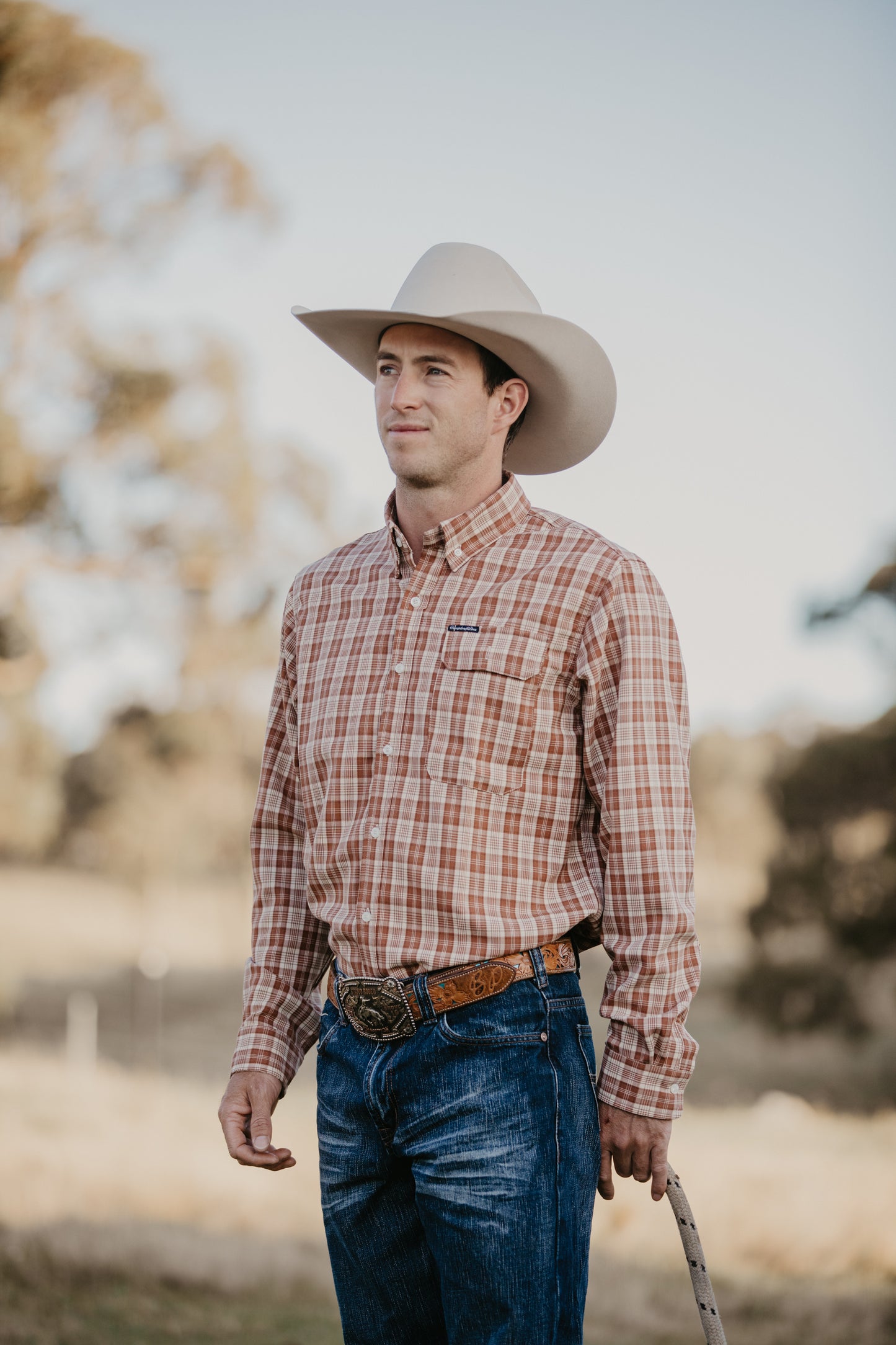 CLEARANCE - Men's Long Sleeve Apricot Plaid Shirt