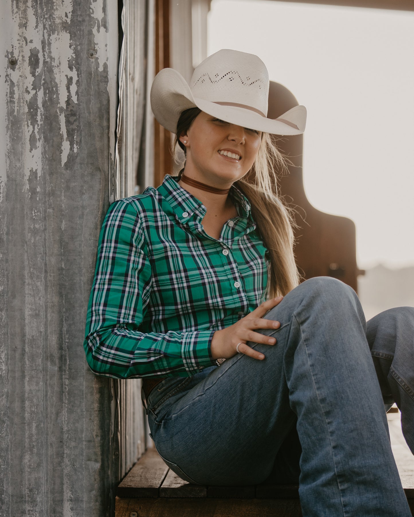 Ladies Long Sleeve Green Navy Plaid Shirt