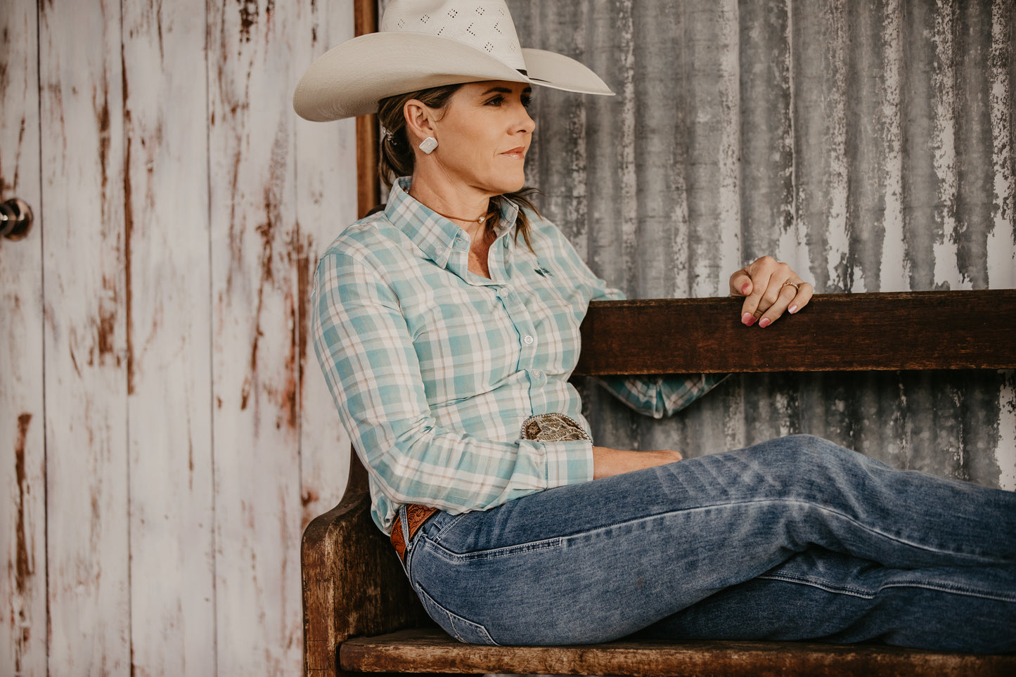 Ladies Long Sleeve Mint Plaid Shirt