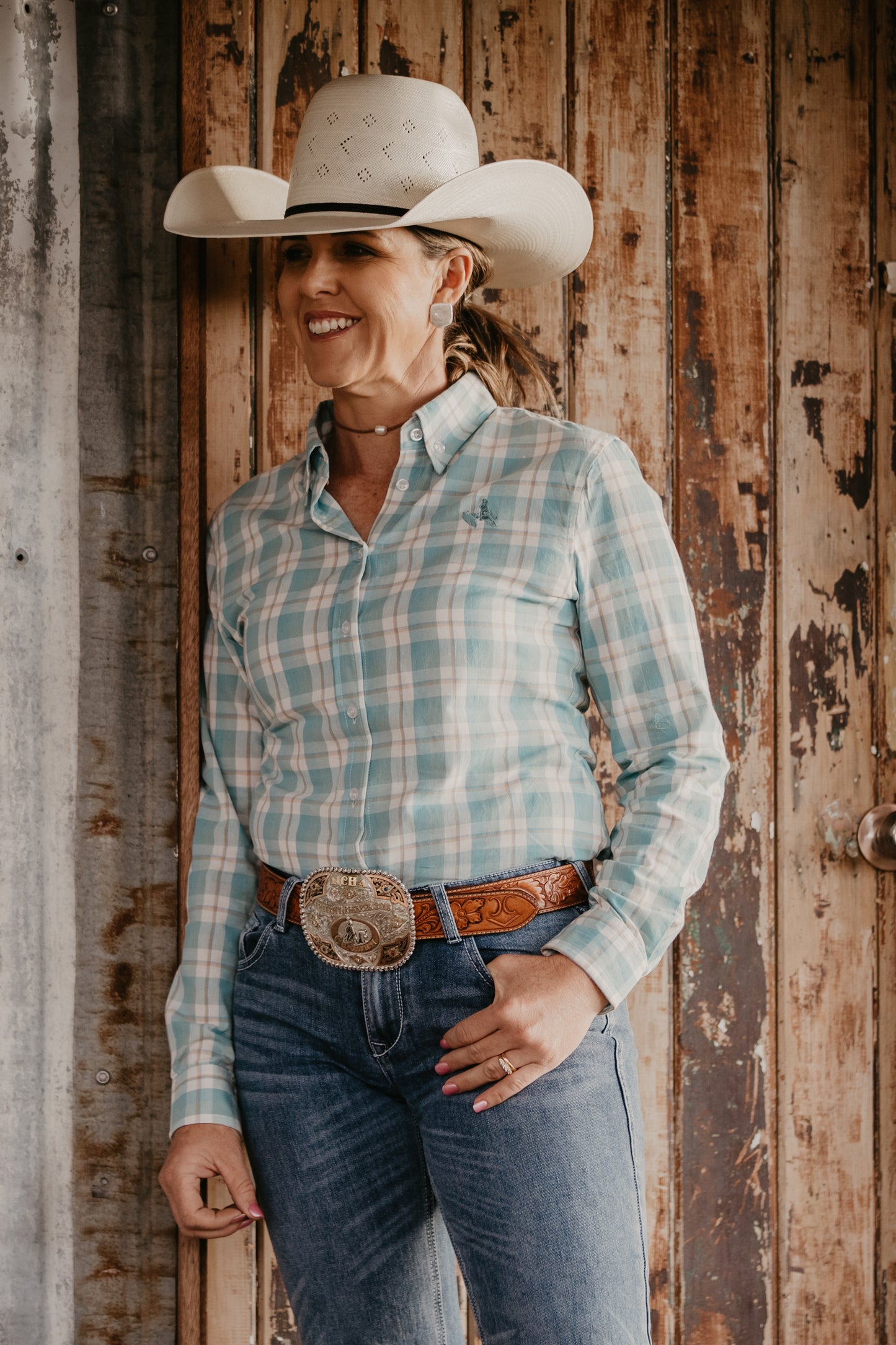 Ladies Long Sleeve Mint Plaid Shirt