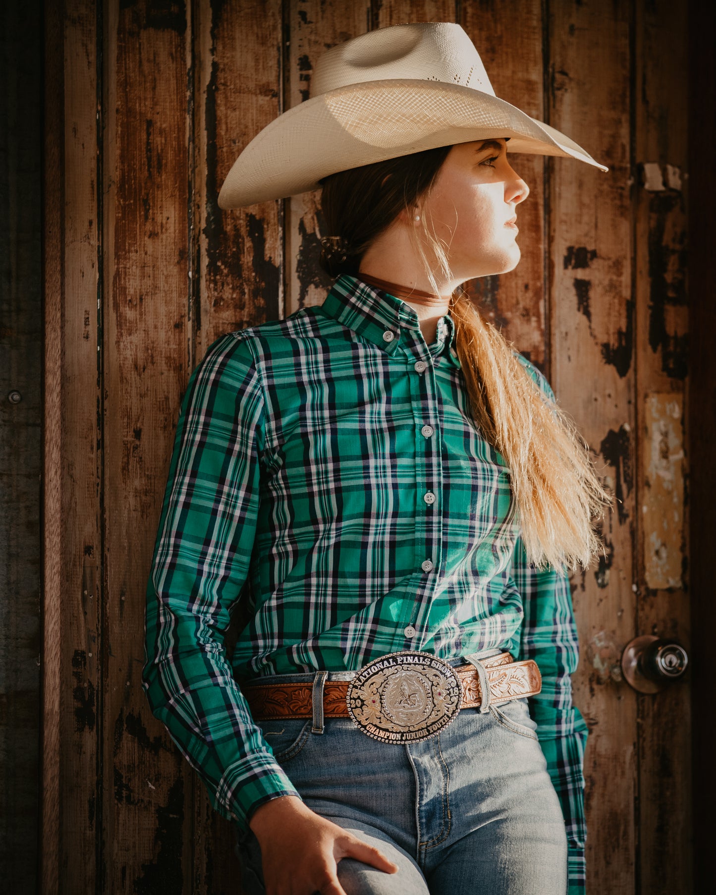 Ladies Long Sleeve Green Navy Plaid Shirt