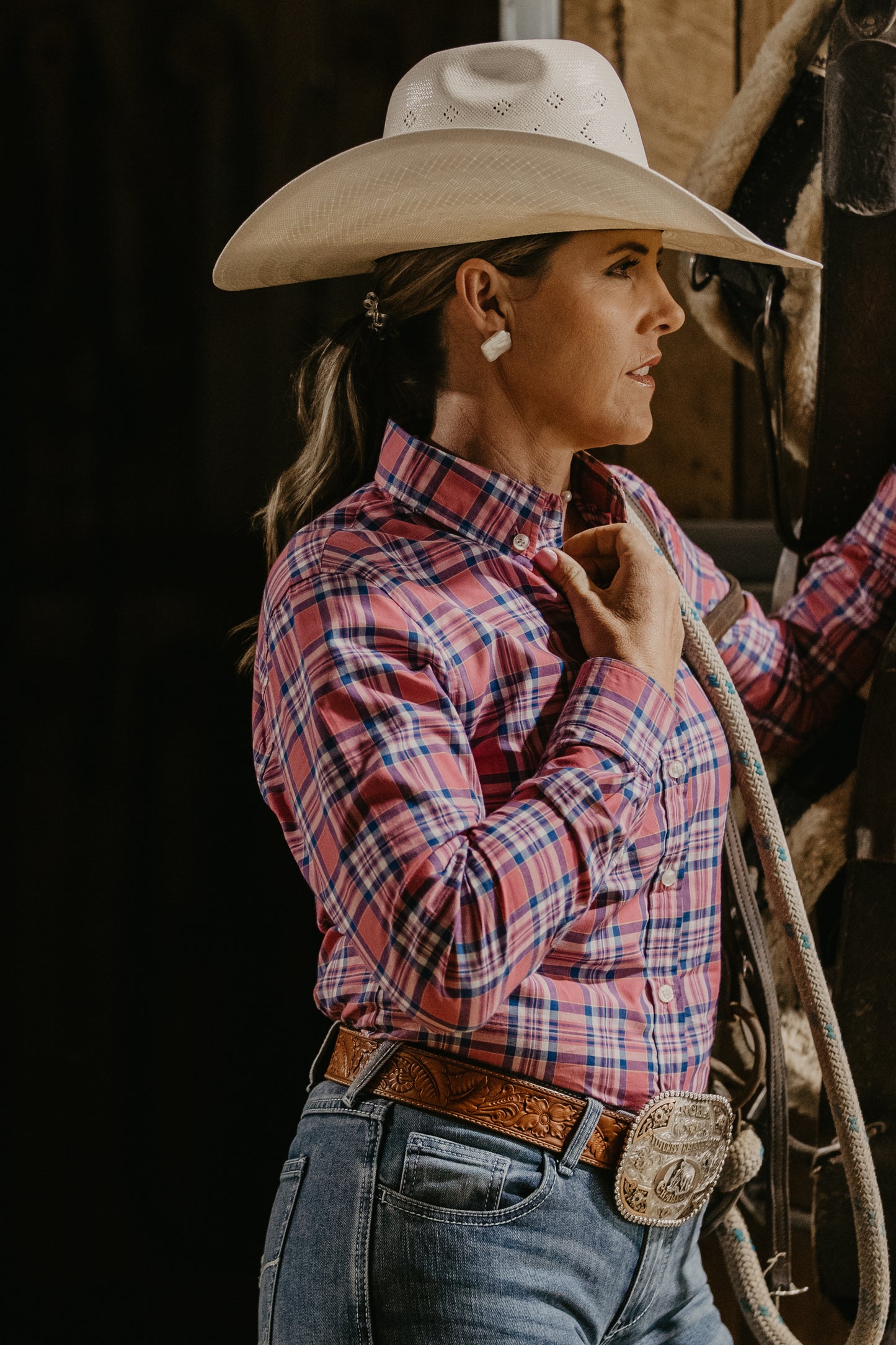 Ladies Long Sleeve Pink Blue Plaid Shirt