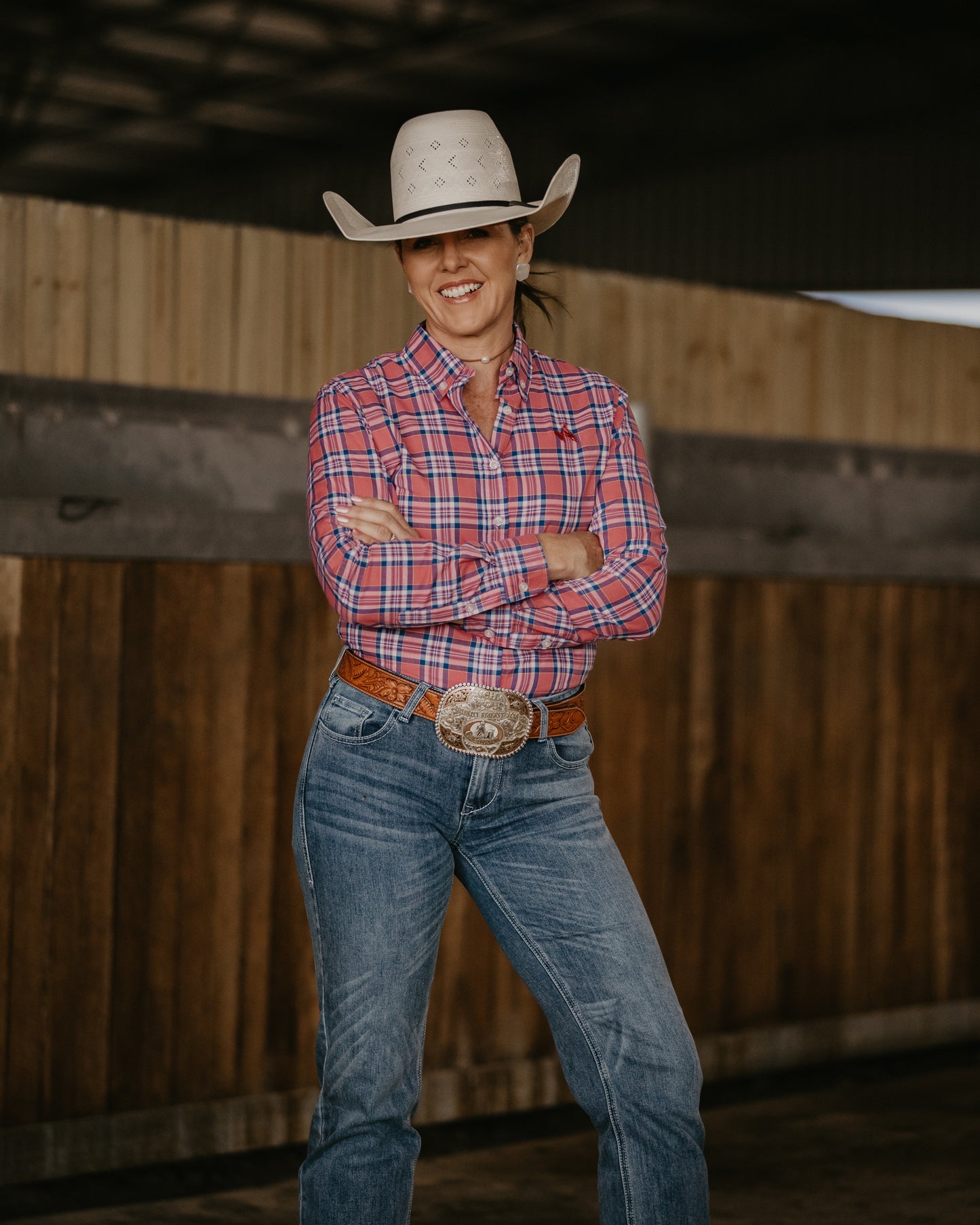 Ladies Long Sleeve Pink Blue Plaid Shirt