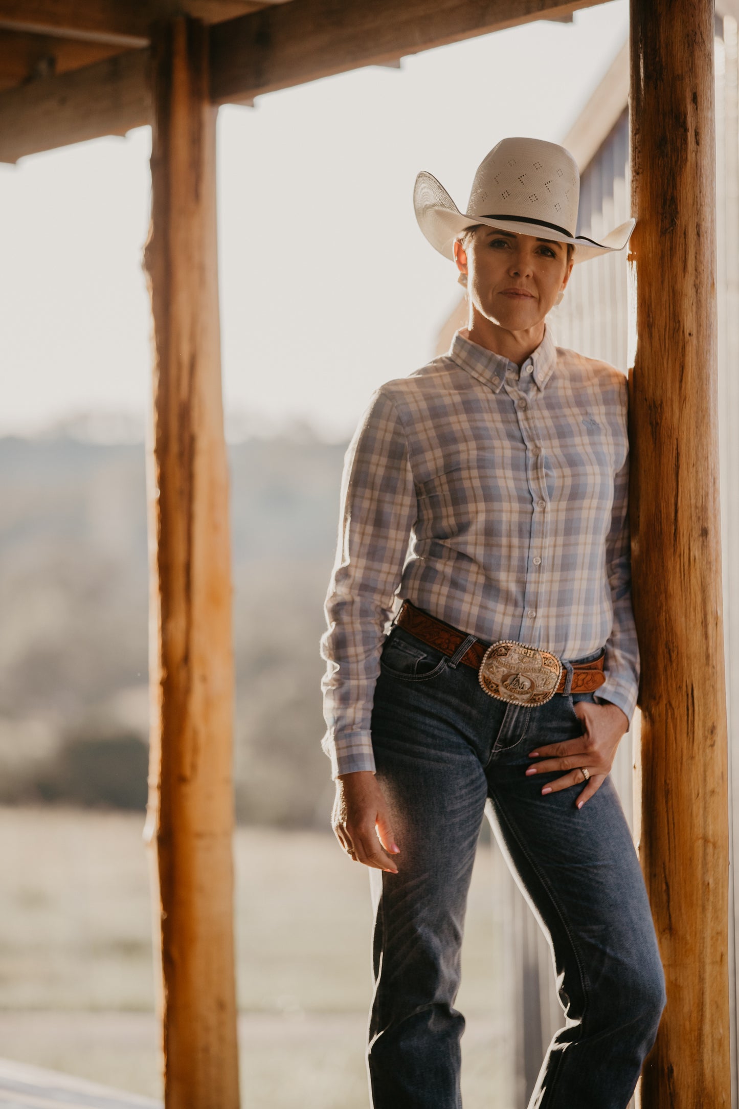 Ladies Long Sleeve Light Blue Plaid Shirt