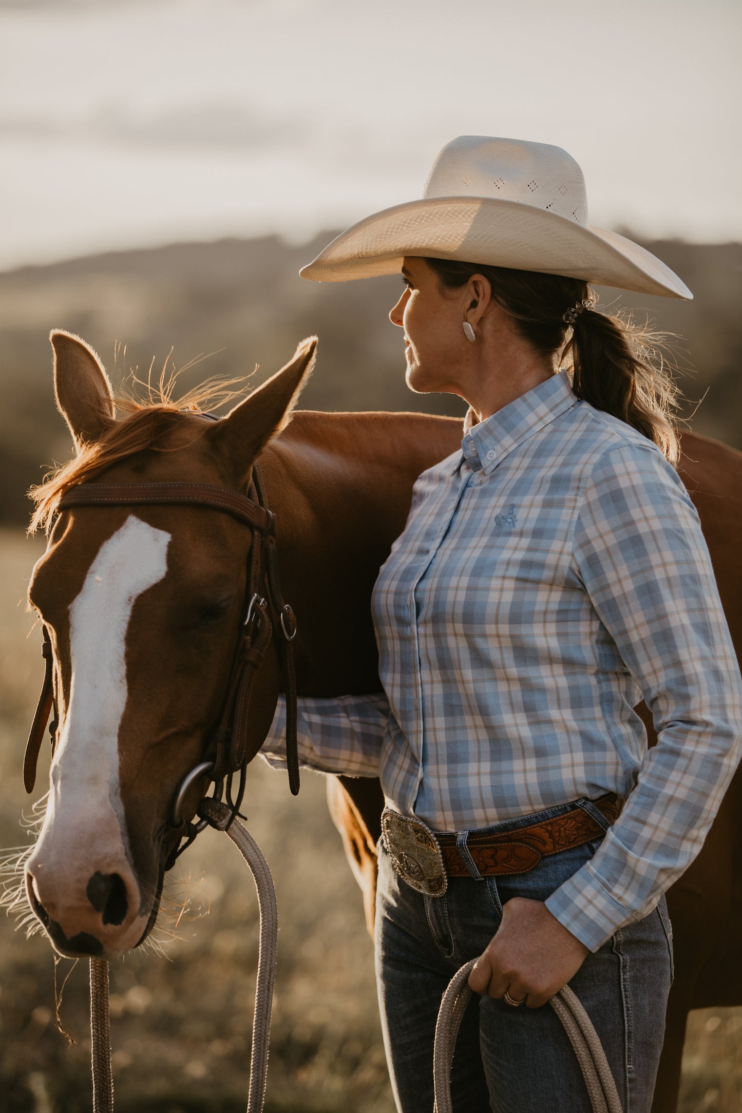 Ladies Long Sleeve Light Blue Plaid Shirt