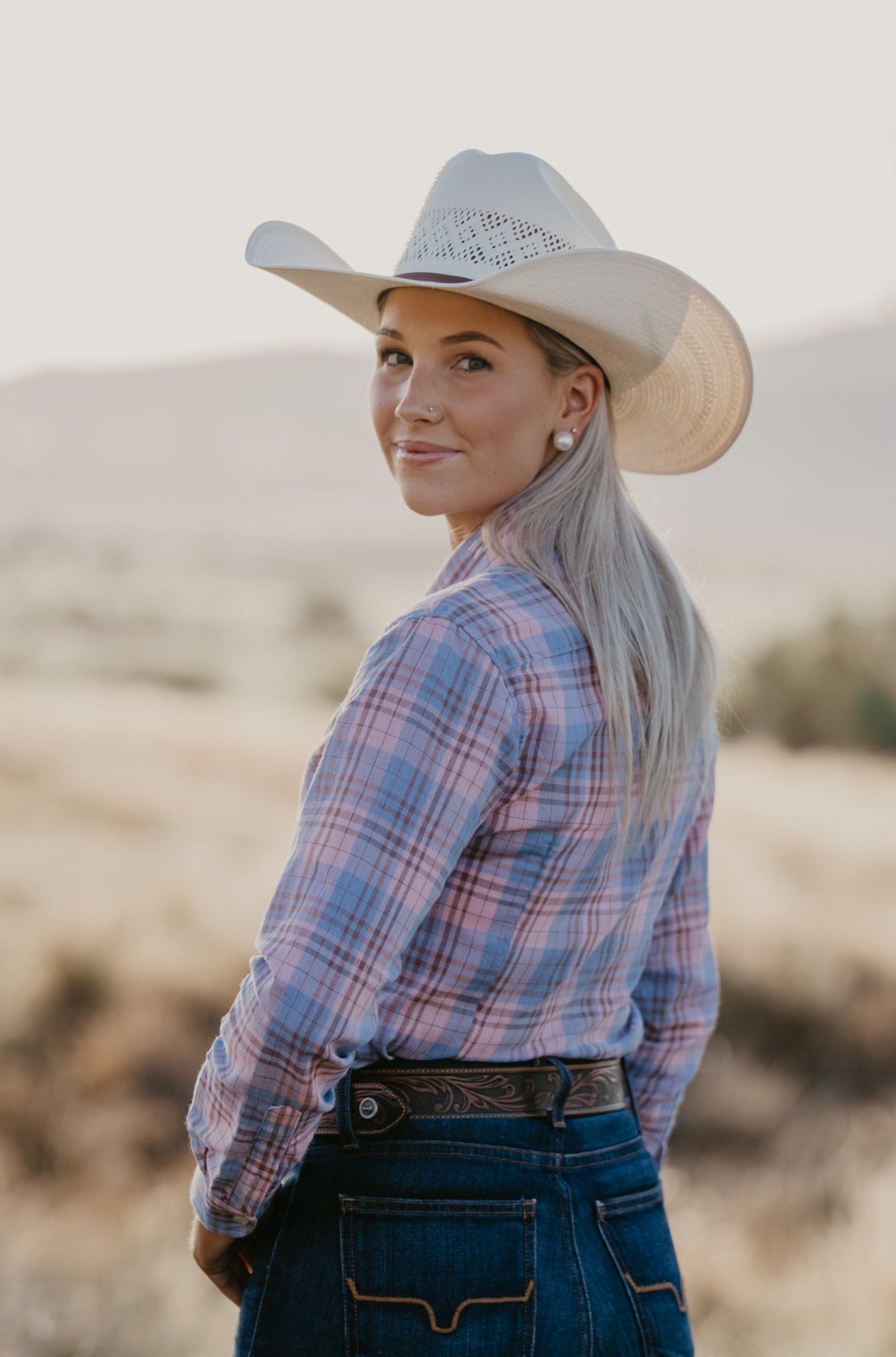 Ladies Long Sleeve Pink Plaid Shirt