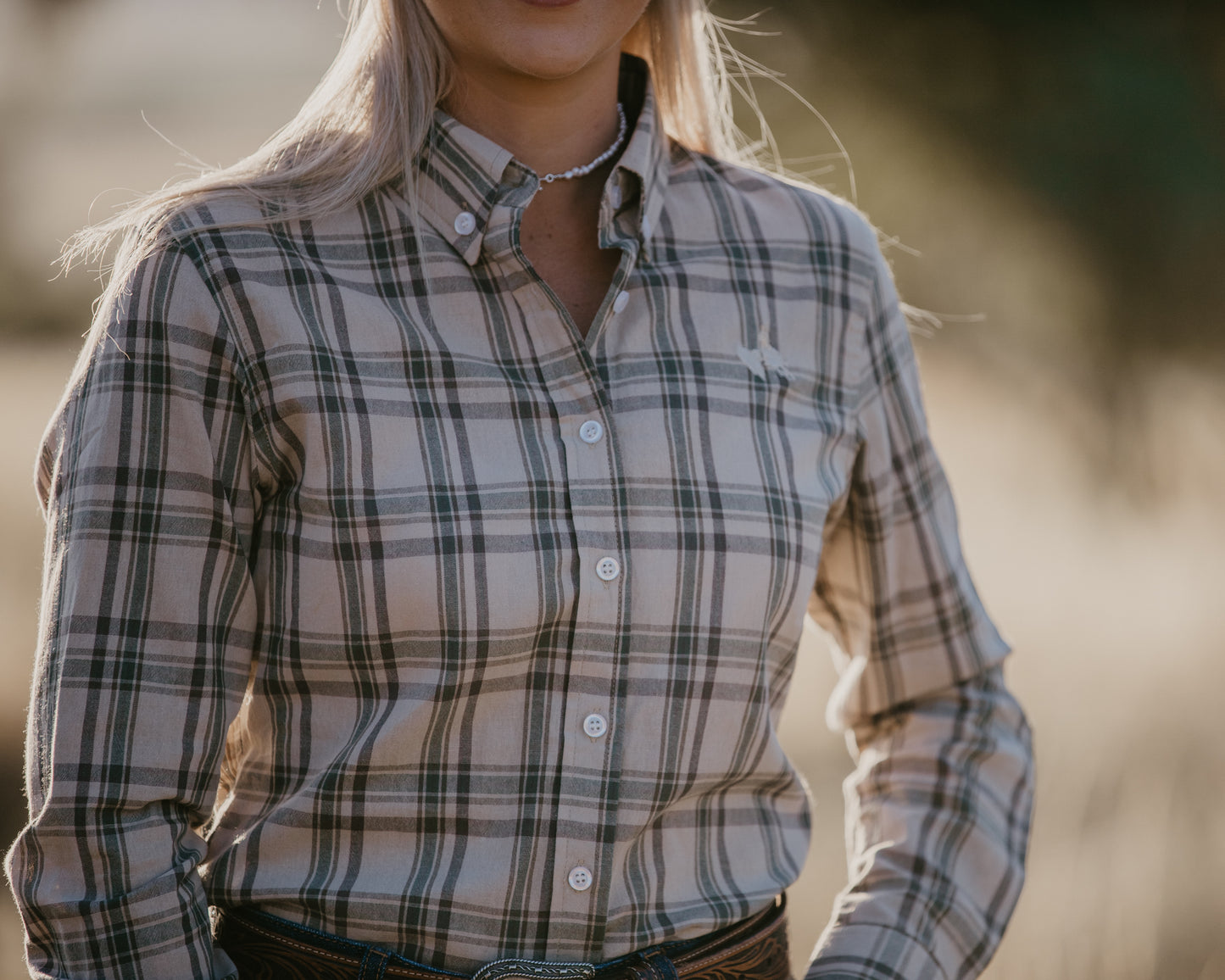 Ladies Long Sleeve Cream Plaid