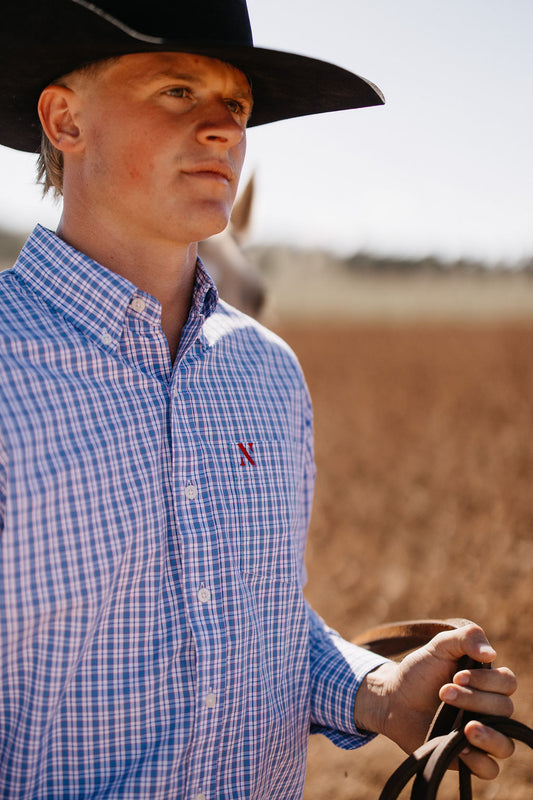 NINETY Men's Long Sleeve Shirt - Blue/Red Check