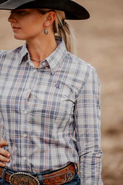 Ladies Slim Fit Long Sleeve Shirt - Blue/Peach Plaid