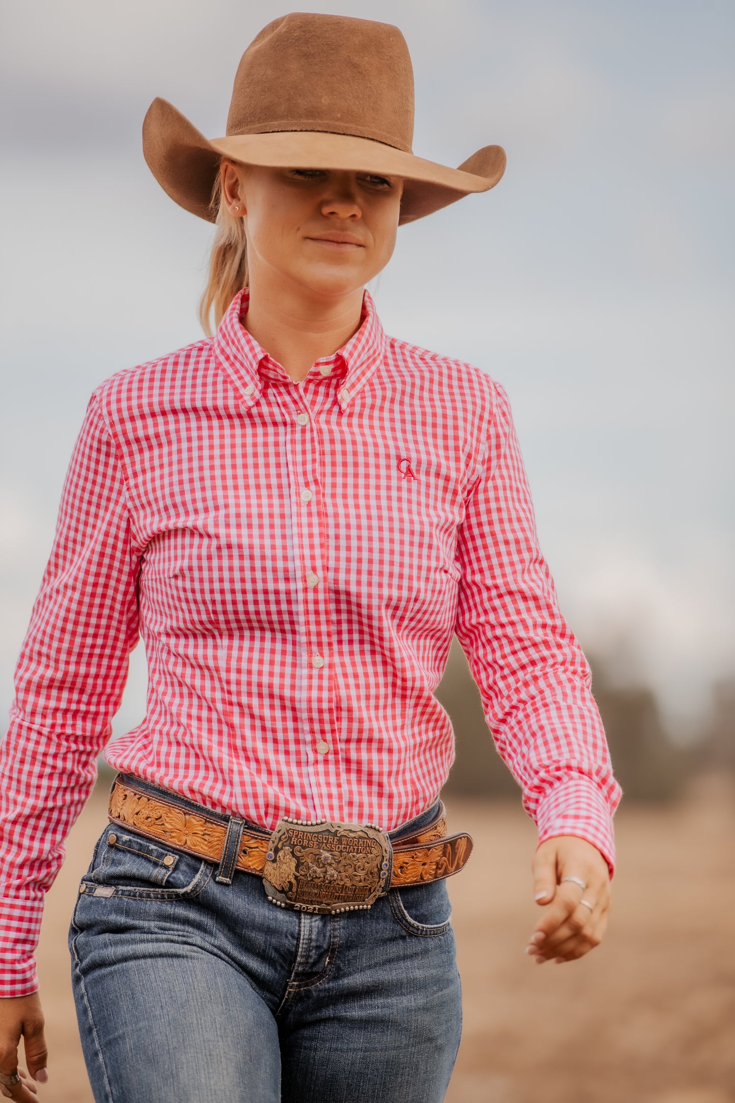 Ladies Slim Fit Long Sleeve Shirt - Cherry Check