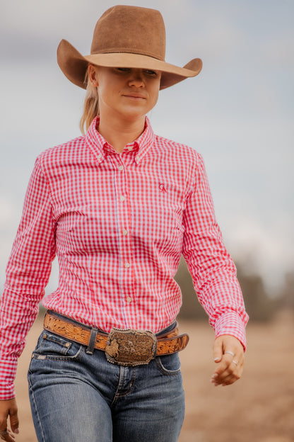 Ladies Slim Fit Long Sleeve Shirt - Cherry Check