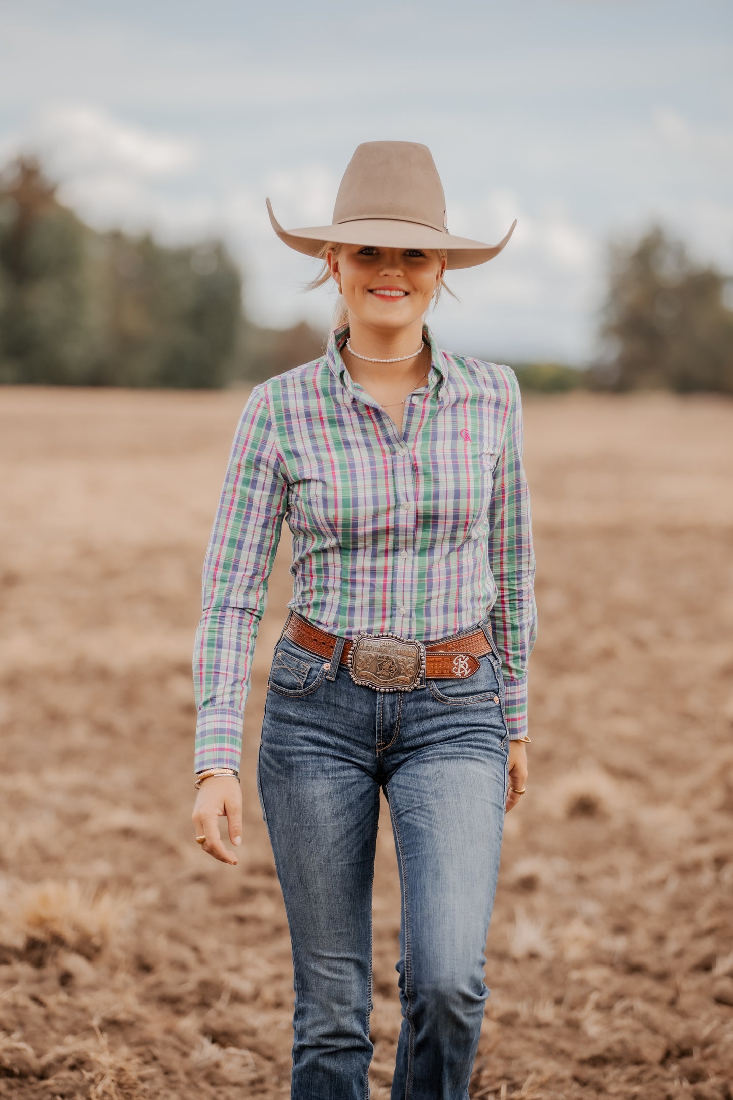 Ladies Slim Fit Long Sleeve Shirt - Green/Pink Plaid