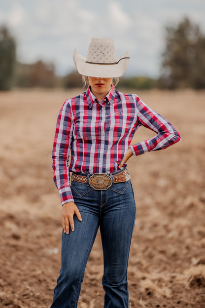 Ladies Slim Fit Long Sleeve Shirt - Navy/Red/White Plaid