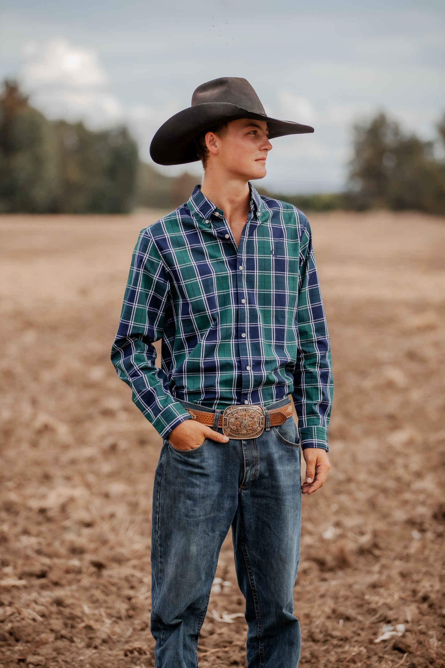 Men's Long Sleeve Shirt - Green/Navy/White Plaid