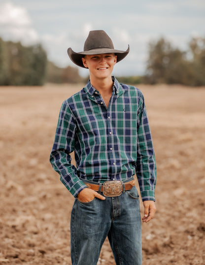 Men's Long Sleeve Shirt - Green/Navy/White Plaid