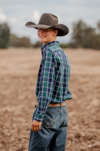 Men's Long Sleeve Shirt - Green/Navy/White Plaid