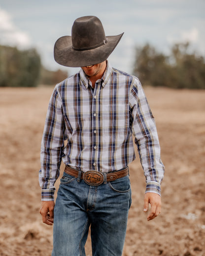 Men's Long Sleeve Shirt - Navy/Olive Plaid