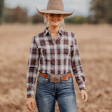 CLEARANCE - Ladies Slim Fit Long Sleeve Shirt - Navy/Tan Plaid