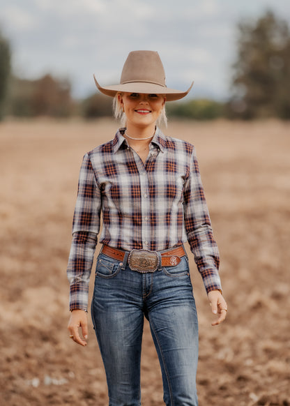 Ladies Slim Fit Long Sleeve Shirt - Navy/Tan Plaid