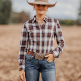 CLEARANCE - Ladies Slim Fit Long Sleeve Shirt - Navy/Tan Plaid