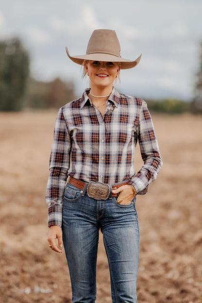 Ladies Slim Fit Long Sleeve Shirt - Navy/Tan Plaid