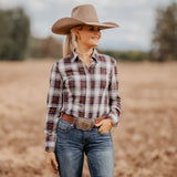 CLEARANCE - Ladies Slim Fit Long Sleeve Shirt - Navy/Tan Plaid