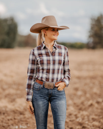 Ladies Slim Fit Long Sleeve Shirt - Navy/Tan Plaid