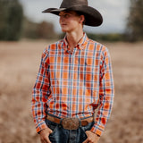 Men's Long Sleeve Shirt - Orange/Navy Plaid