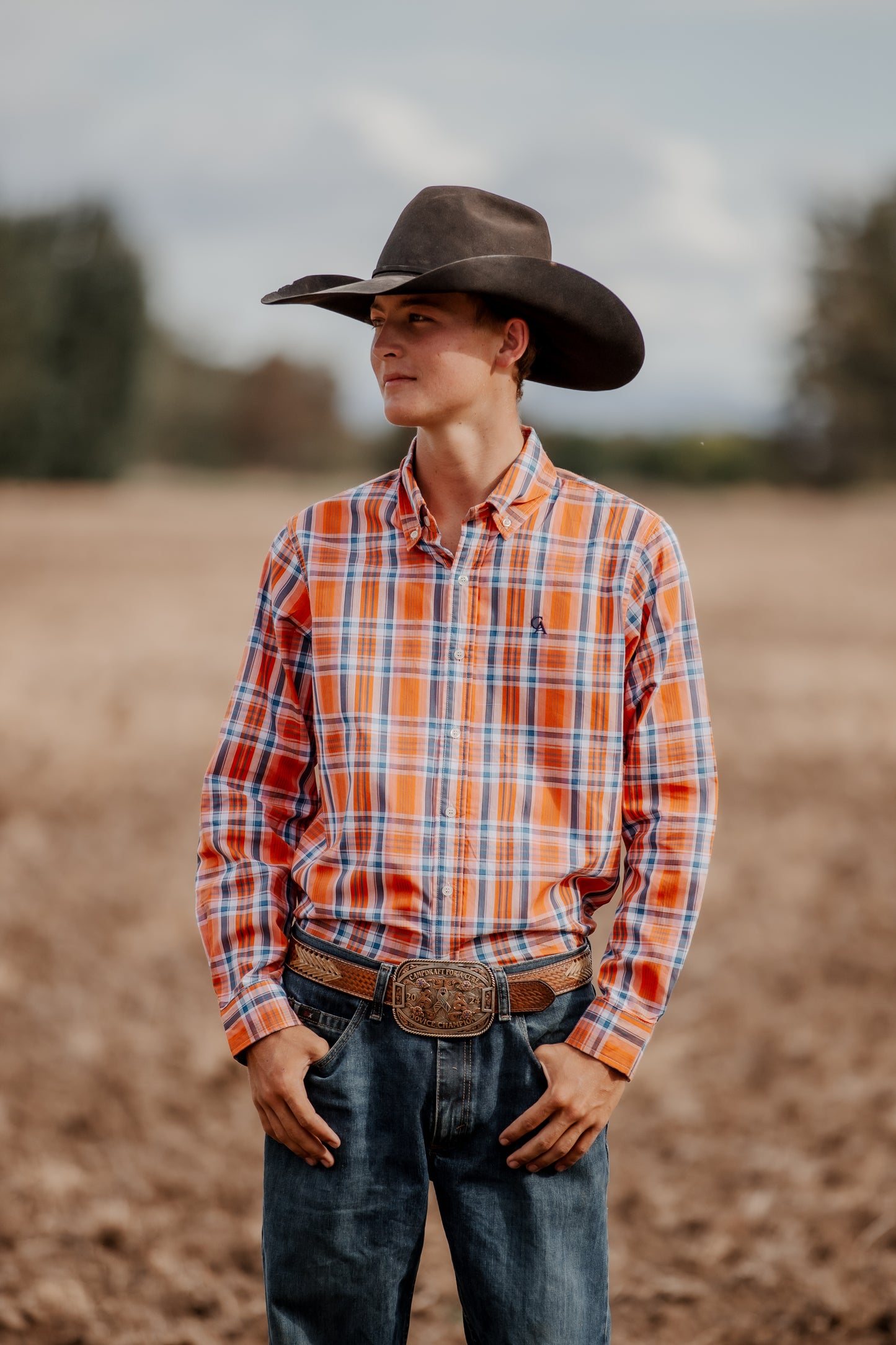 Men's Long Sleeve Shirt - Orange/Navy Plaid