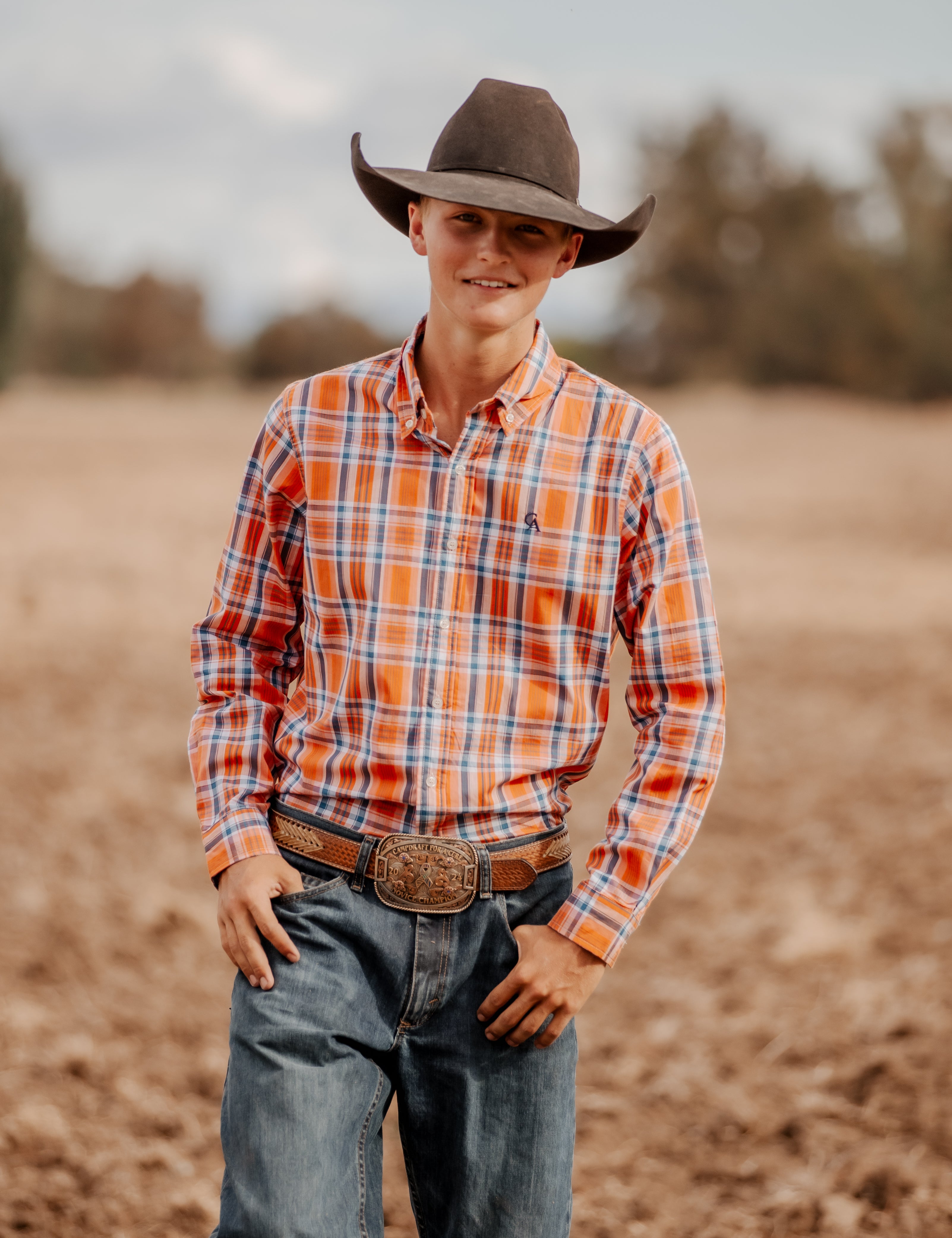 Men's Long Sleeve Shirt - Orange/Navy Plaid