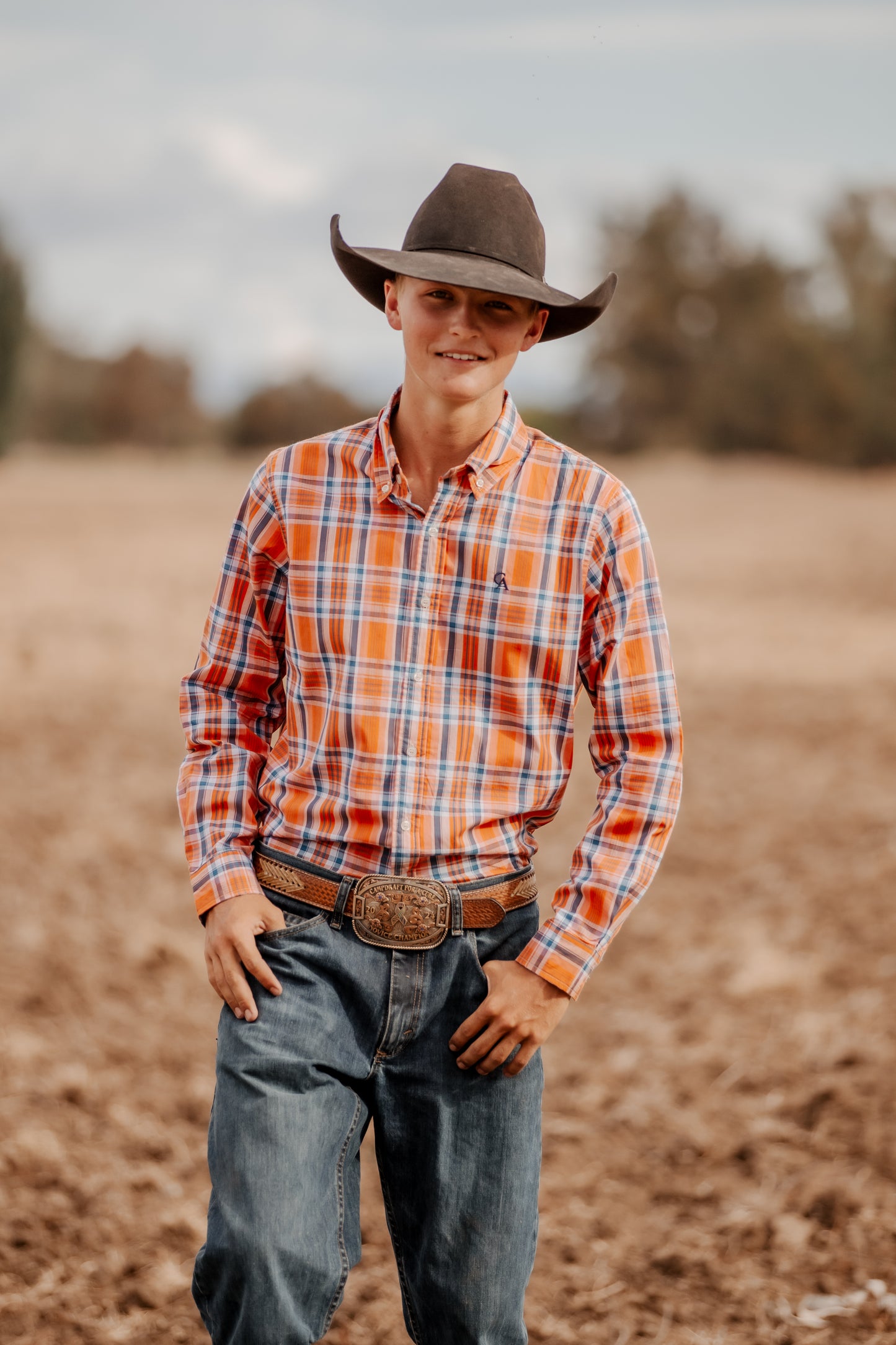 Men's Long Sleeve Shirt - Orange/Navy Plaid