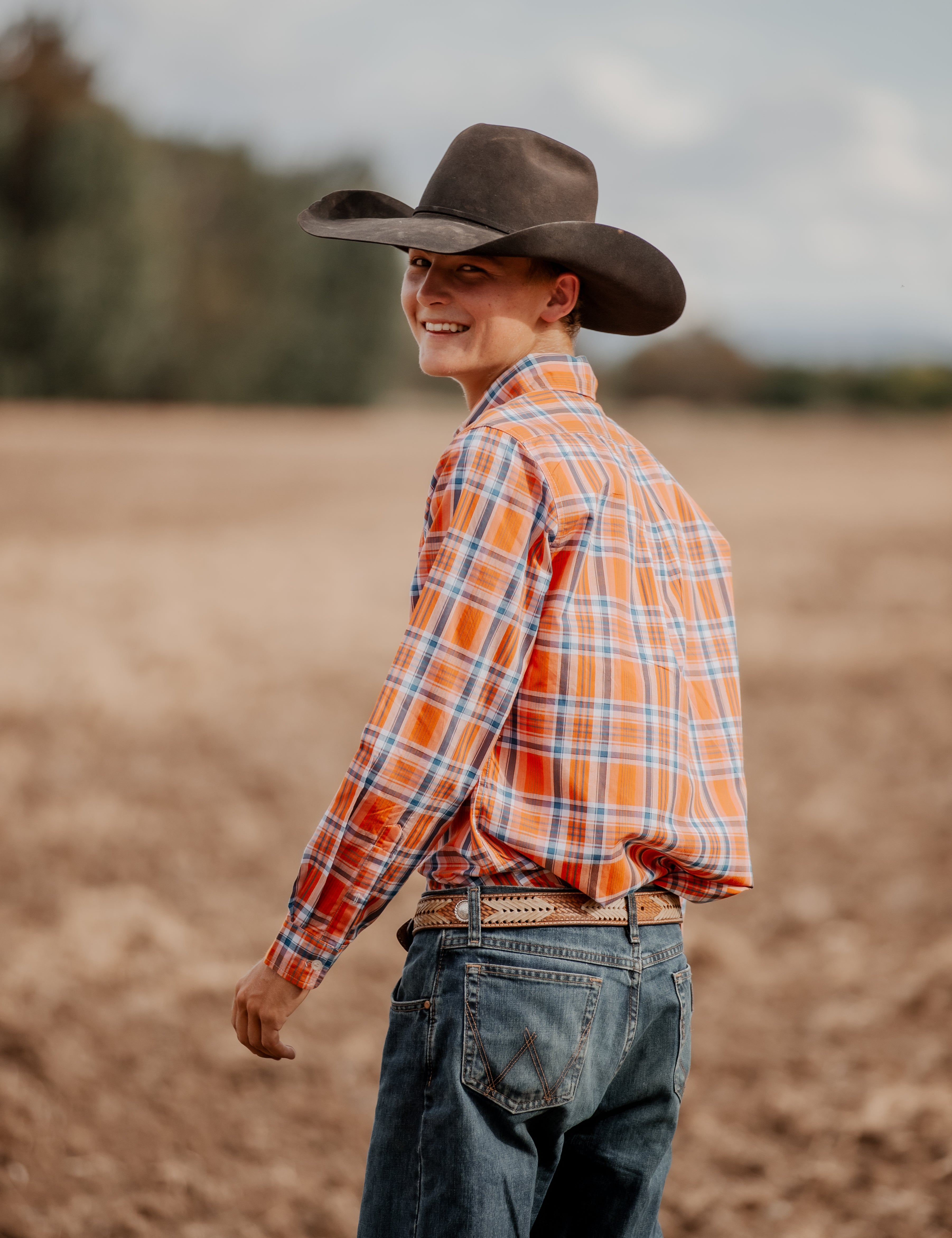 Men's Long Sleeve Shirt - Orange/Navy Plaid