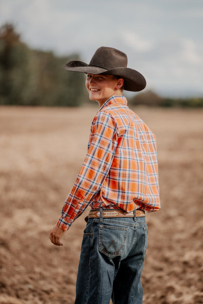 Men's Long Sleeve Shirt - Orange/Navy Plaid