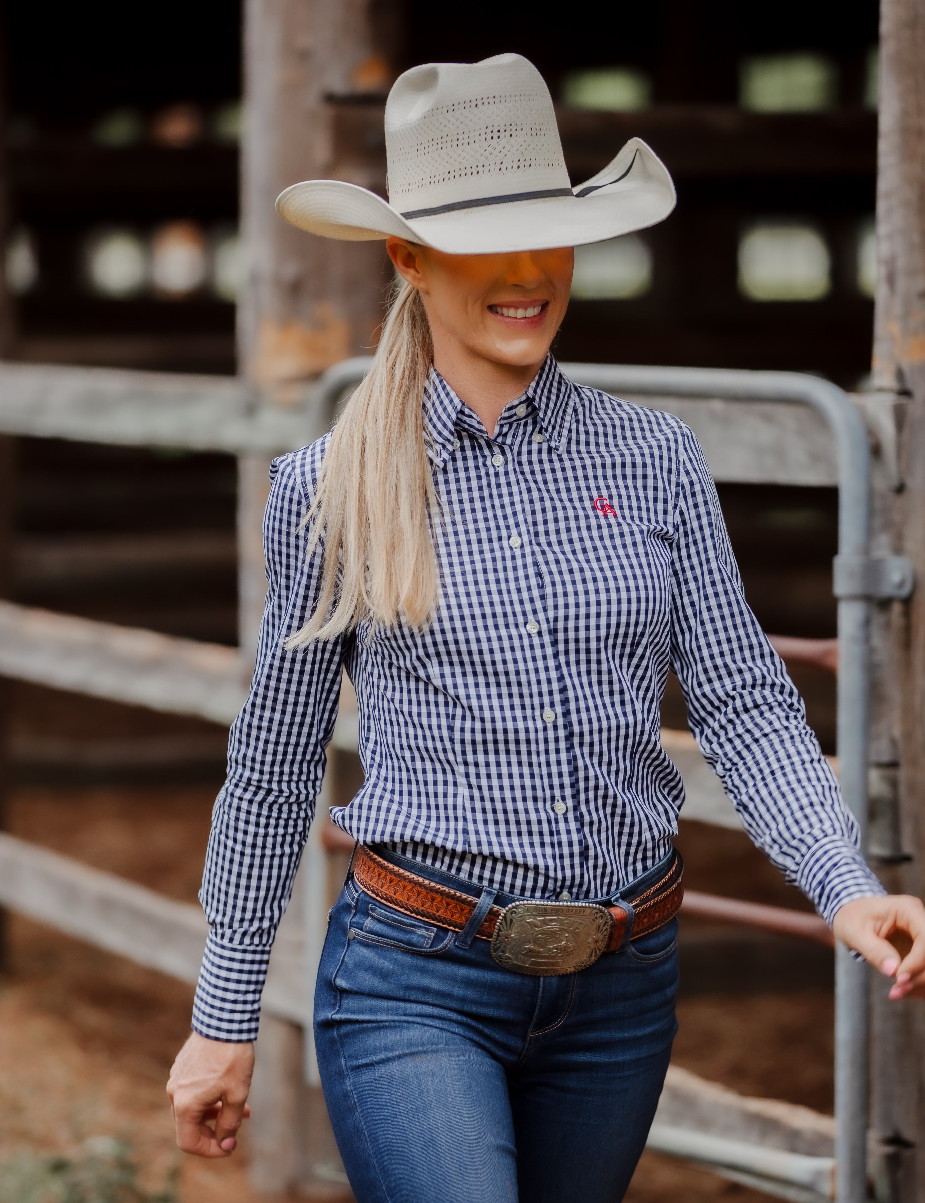 Ladies Slim Fit Long Sleeve Shirt - Navy Check