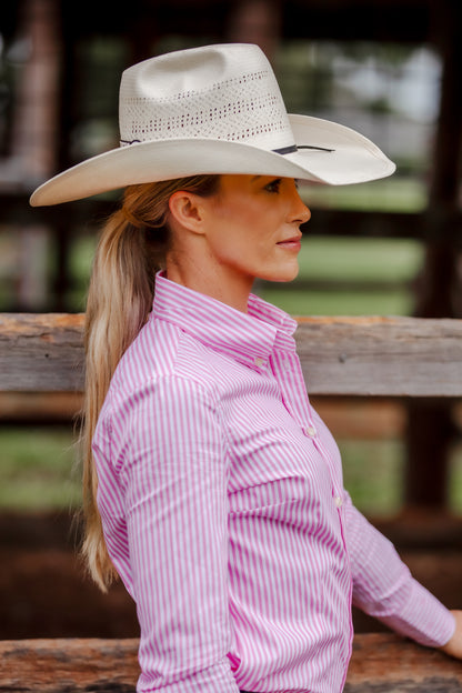 Ladies Slim Fit Long Sleeve Shirt - Bubblegum Pink Stripe