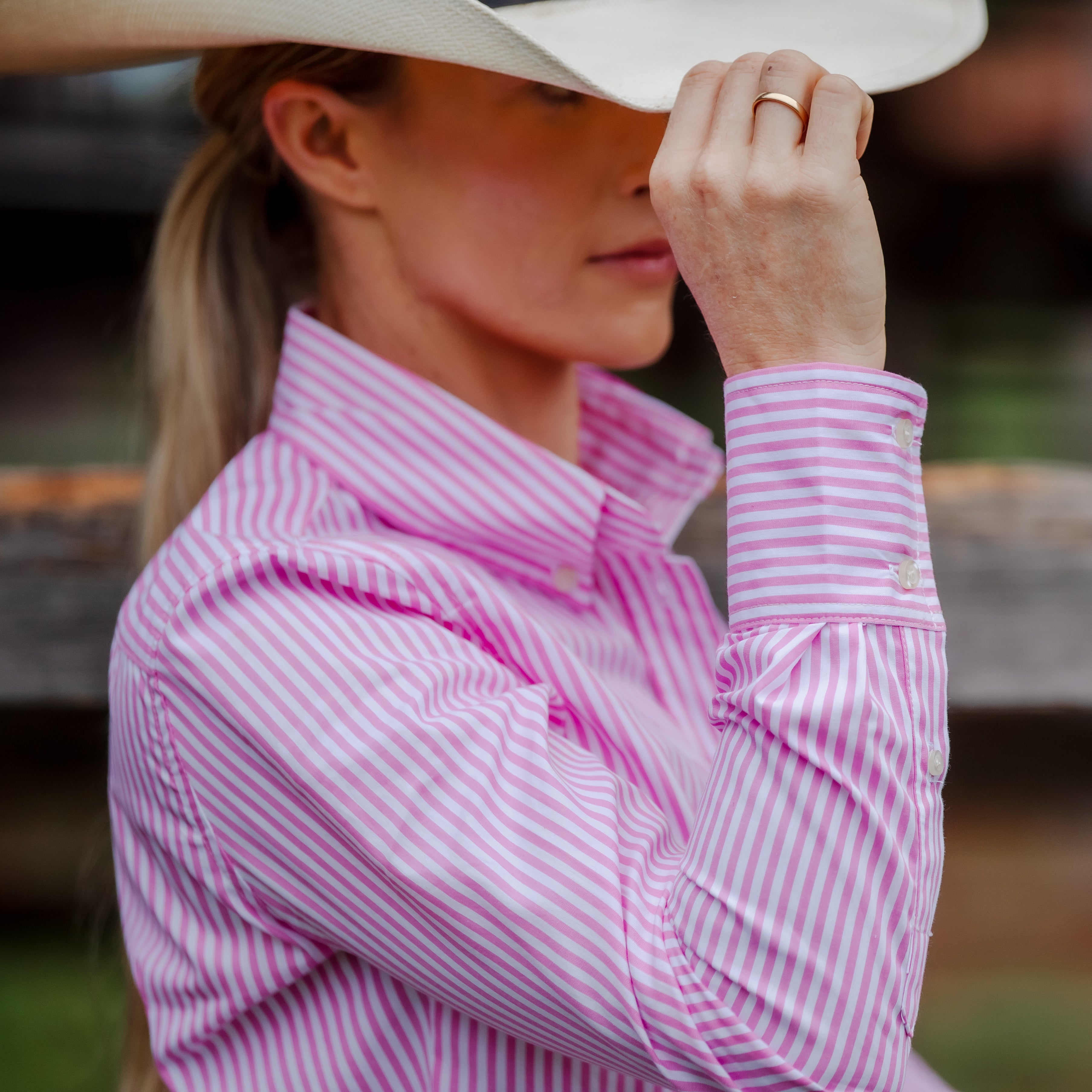 Ladies Classic Fit Long Sleeve Shirt - Bubblegum Pink Stripe