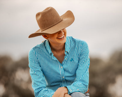 Ladies Long Sleeve Check Shirt - Ocean Blue