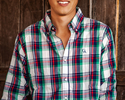 Men's Long Sleeve Shirt - Green/Navy Plaid