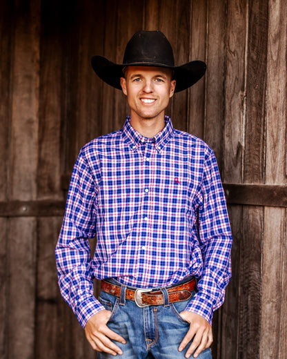 Men's Long Sleeve Shirt - Red/Navy Plaid