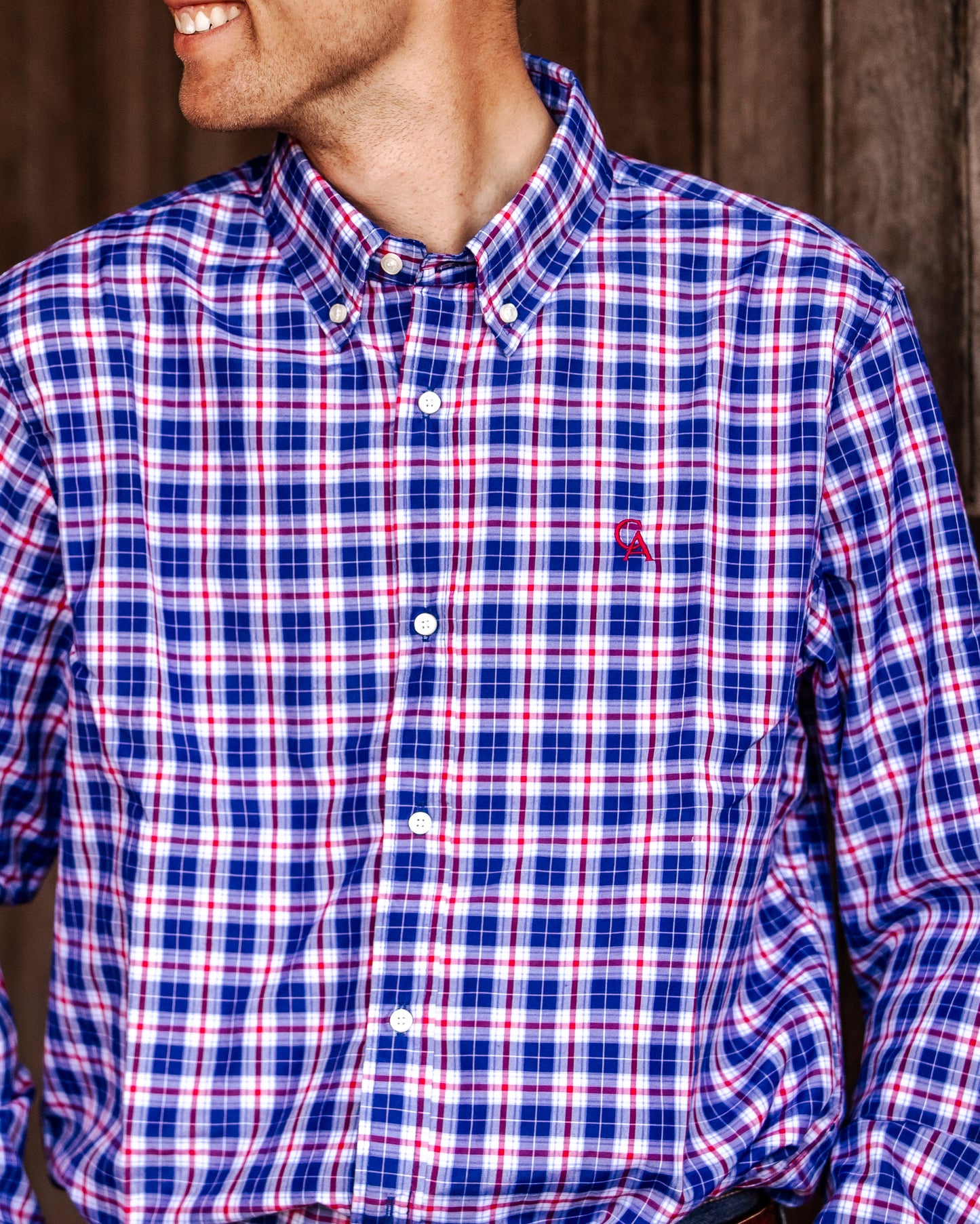 Men's Long Sleeve Shirt - Red/Navy Plaid