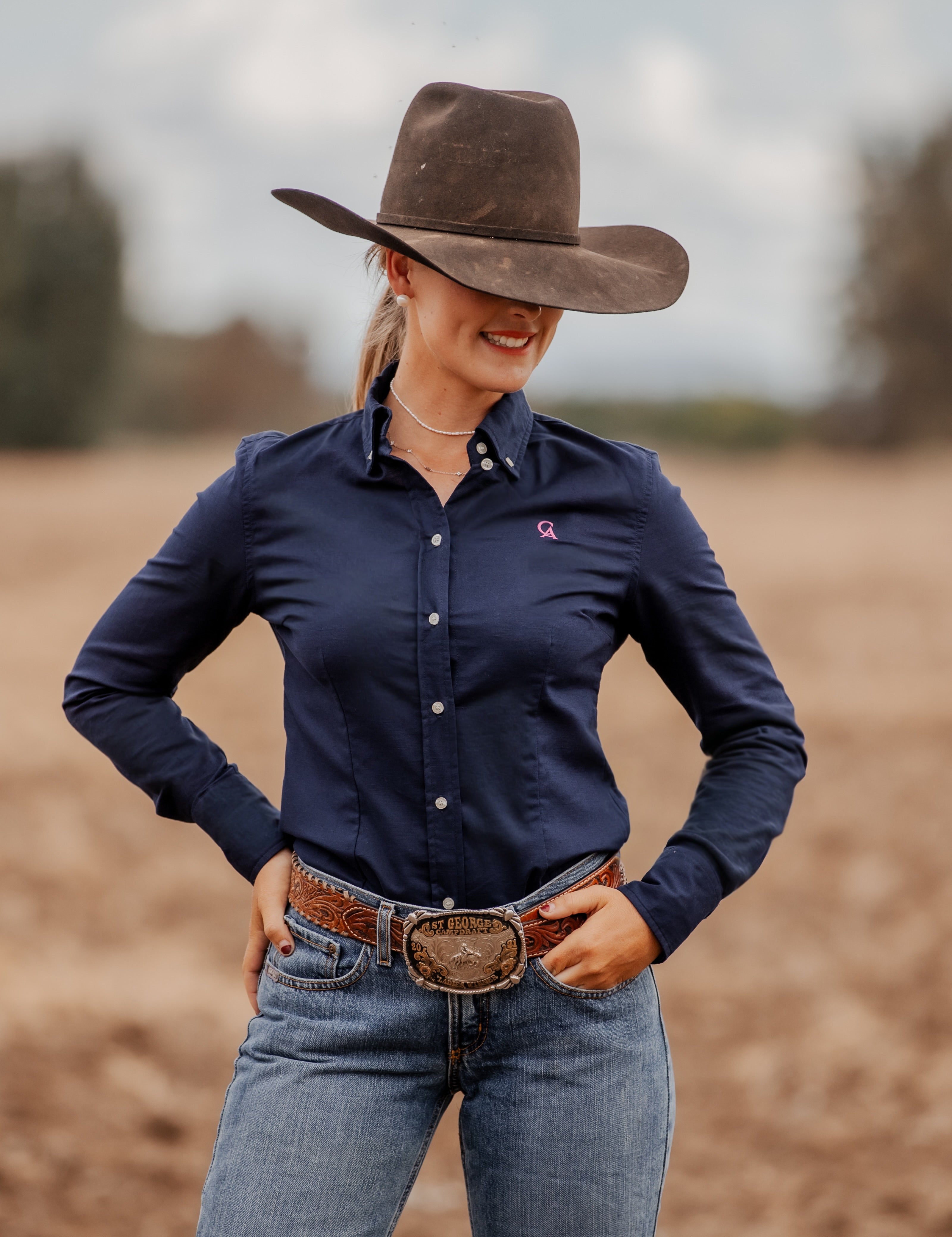 Ladies Slim Fit Long Sleeve Shirt - Navy
